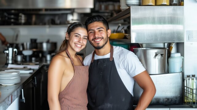 Smiling young hispanic couple posing at their restaurant kitchen
