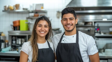 Fototapeta premium Smiling young hispanic couple posing at their restaurant kitchen