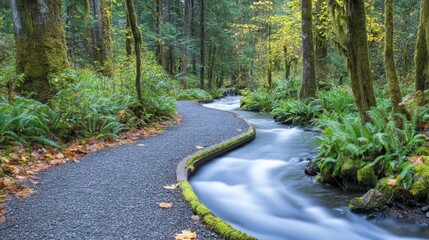 Naklejka premium Forest Trail Winding Beside a Gentle Stream