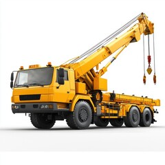 Fototapeta premium Crane Truck realistic isolated on white background. Heavy Machinery. Construction Vehicle. Mobile Crane. Truck with Crane Arm. Crane Truck Design Element. Realistic Crane Truck isolated for Designers.
