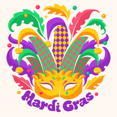 Venetian carnival mask Mardi Gras. Jesters hat with bells. Poster for the Fat Tuesday festival.