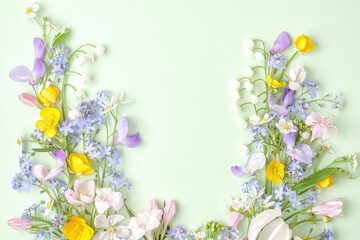 floral flat lay from different wildflowers on a light green background. Top view, copy space