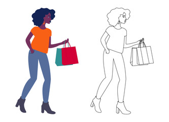 A girl with shopping bags. An African woman shopping.   An illustration of a stylish woman with shopping bags. An African woman in a bright stylish outfit. An outline illustration of a woman shopping.