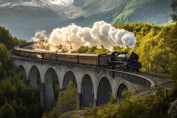 Fototapeta premium Steam Train Crossing High Arched Bridge in the Alps