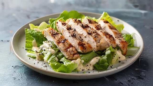 Grilled chicken caesar salad with romaine lettuce and creamy dressing, a healthy and tasty meal option. Packed with protein and fresh veggies, perfect for lunch or dinner