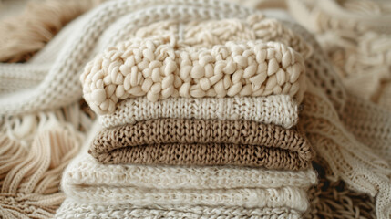 Textured knit blankets stacked in cozy living room neutral tones warm atmosphere