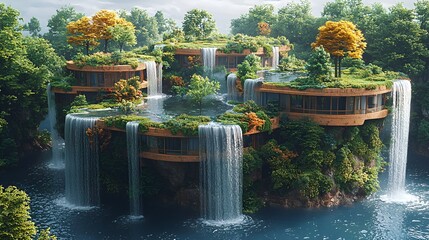 Lush island eco-homes, waterfalls, jungle backdrop; sustainable living