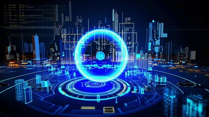 Glowing digital interface transforming a futuristic cityscape, showcasing advanced technology and urban innovation - Powered by Adobe