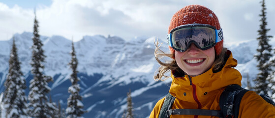 Close up of smiling woman, female with ski goggles and winter gear, equipment on a snowy resort slope. Skiing and snowboarding outdoor sports, travel, vacation, leisure, travel themes. Generative ai