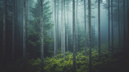 Misty Forest Trees Enveloped In Foggy Atmosphere