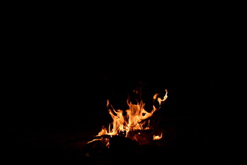 Fire flames on a black background. Burning firewood in the fireplace, close-up