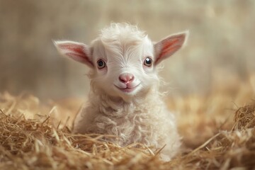 Fototapeta premium Adorable Fluffy Lamb in Hay