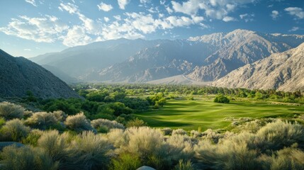 Fototapeta premium Mountainous landscape showcasing a verdant golf course