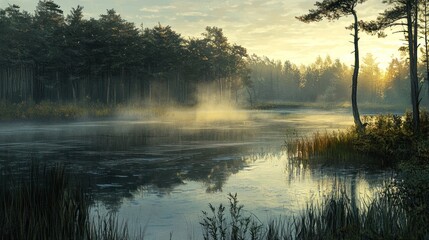 Obraz premium Serene Sunrise Over Misty Forest Lake