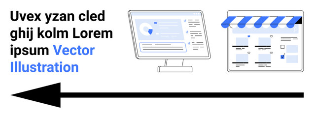 Computer screen analytics and e-commerce storefront connected by arrow. Ideal for digital marketing, business strategy, e-commerce, online sales, data analysis, web design, technology. Landing page