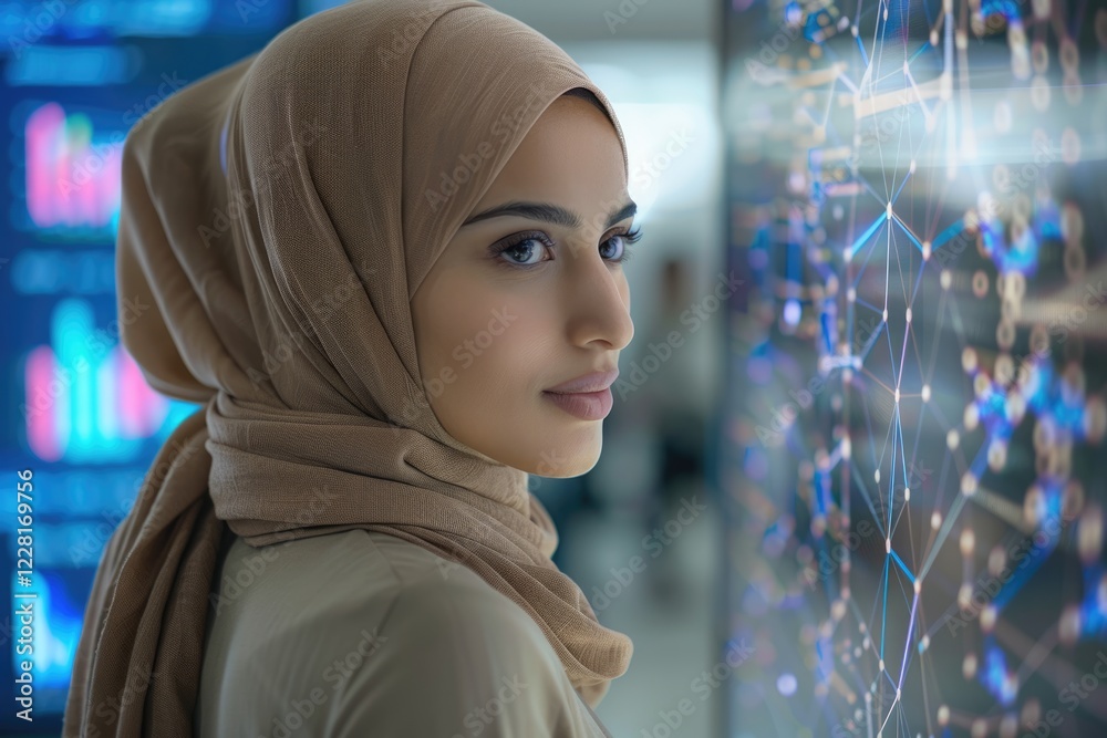 Poster middle eastern software engineer analyzing neural network data on screen.