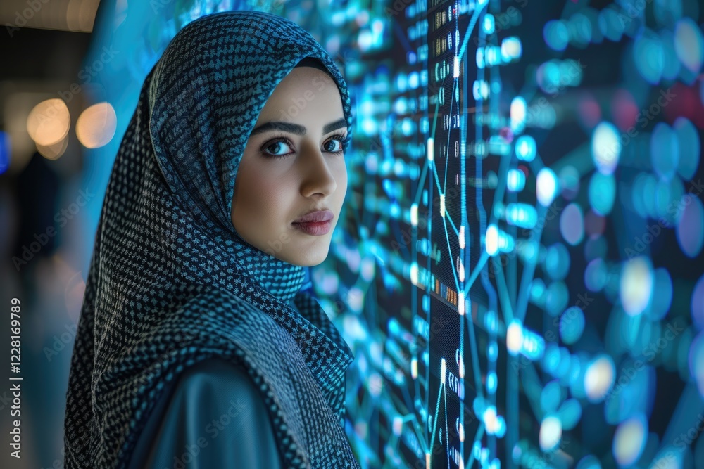 Poster middle eastern software engineer analyzing neural network data on screen.