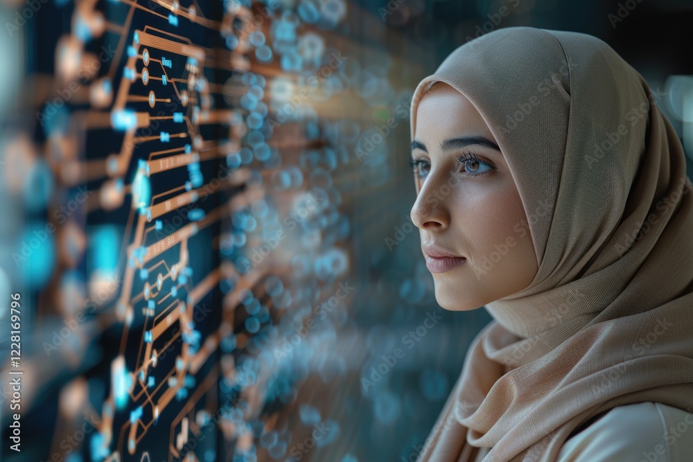 Poster middle eastern software engineer analyzing neural network data on screen.