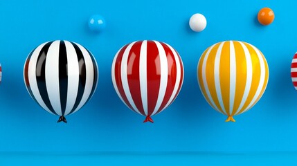 Striped Balloons on Blue: A vibrant collection of colorful striped balloons in black and white, red and white, yellow and white.