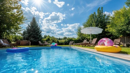 Backyard Pool Scene With Inflatable Rings And Lounge Chairs