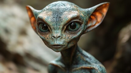 Obraz premium A cheerful green alien monster in a cartoon form, with a smiling face that includes frog and turtle features, set against a white background