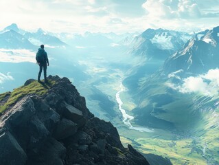 Hiker enjoying breathtaking mountain view at sunrise