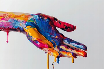 close-up shot of a hand covered in vibrant dripping paint against a clean white background, showcasing the artist's creative and messy process.