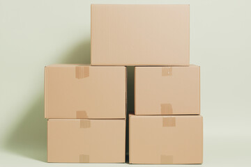 Obraz premium Stack of Cardboard Boxes: A stack of six cardboard boxes, sealed with brown tape, stands against a minimalist backdrop. This image evokes feelings of anticipation, a new beginning.