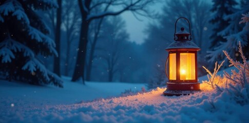 Softly glowing lantern illuminated frosty landscape at winter night, snowflakes, trees, glow