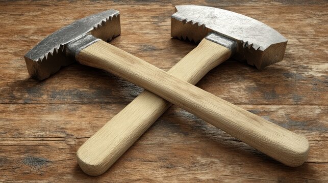 Two crossed stone hammers rest on weathered wood