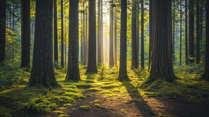 Obraz premium Sunlit Forest Path Among Tall Trees And Moss