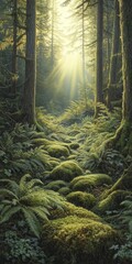 Obraz premium Sunlight filtering through a lush forest during morning hours