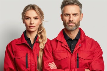 Full length portrait of a female and male foobtall coaches isolated on white background