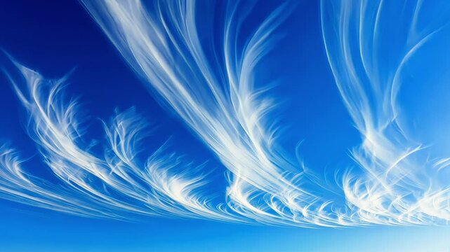 Elegant white cirrus clouds evolve against a deep blue sky