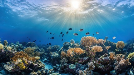 Fototapeta premium Sunbeams Illuminate Vibrant Coral Reef Ecosystem With Fish