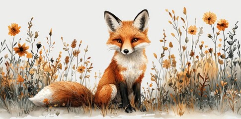 Naklejka premium Stock creates a watercolor style cartoon illustration of a red fox sitting in an autumn grass field, isolated on a white background