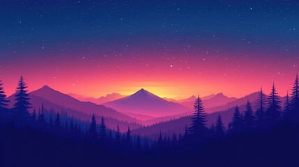 Colorful sunset over a mountain range and forest