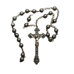 Isolated Dark Gray Beaded Rosary with Crucifix