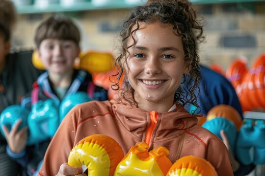 Swimming school for children  Portrait trainer woman holds inflatable armbands for kids accessories.