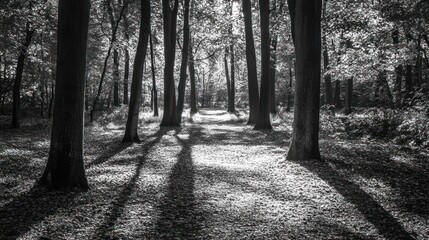 Naklejka premium Sunlit Path Through A Serene Wooded Area