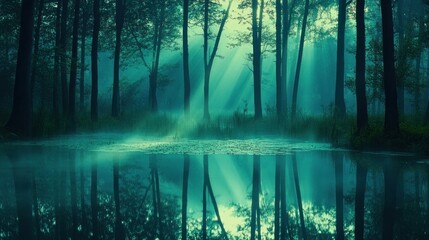Obraz premium Misty Forest Lake Reflecting Sunlight Through Trees