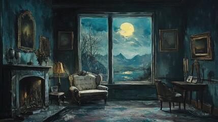 Moonlit Room With Armchair And Mountain View