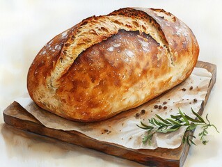 A freshly baked loaf of bread on a wooden board with herbs.
