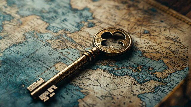 Antique key on vintage map reveals historical journey and exploration themes