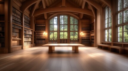 Fototapeta premium Cozy wooden library interior with large windows overlooking green trees, natural light enhancing the ambiance. Concept of relaxation, intellect, and timeless design.