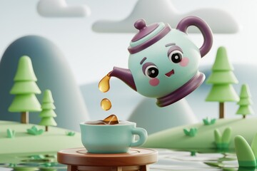 A cute cartoon teapot pours tea into a tiny cup in a whimsical landscape.