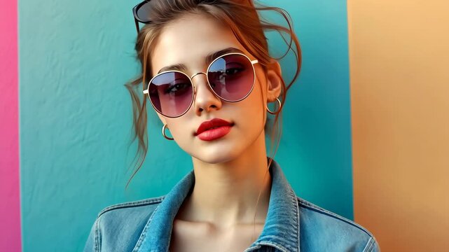 Trendy young woman in sunglasses posing against colorful geometric wall