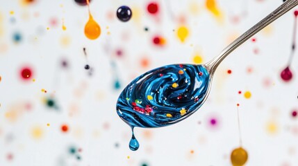 A spoon holds swirling blue paint mixed with colorful specks, while vibrant droplets fall against a...