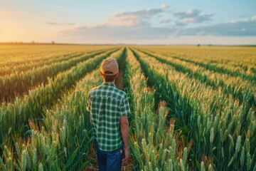 Young farmer inspecting wheat field crop.