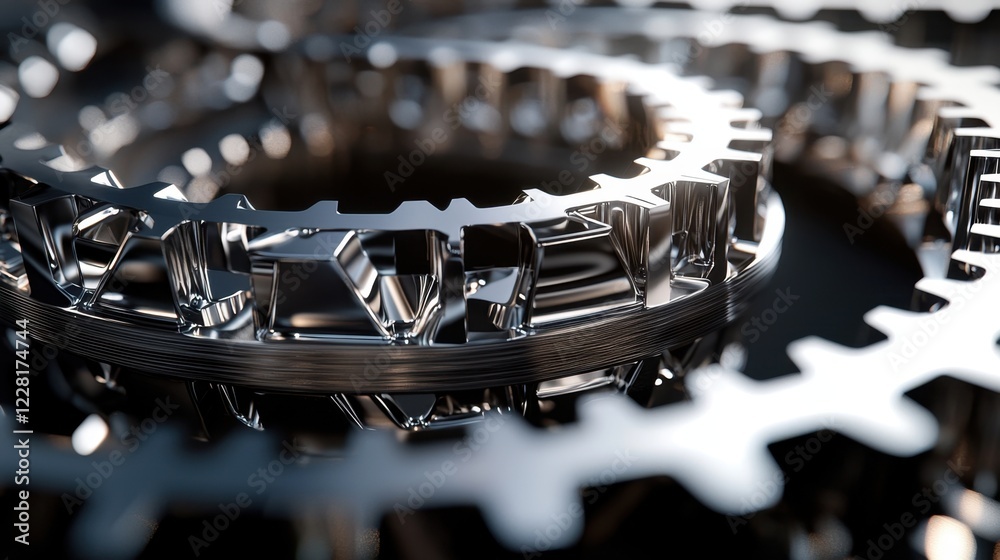 Poster close-up of shiny metallic gears interlocking and rotating, highlighting their precise design and en